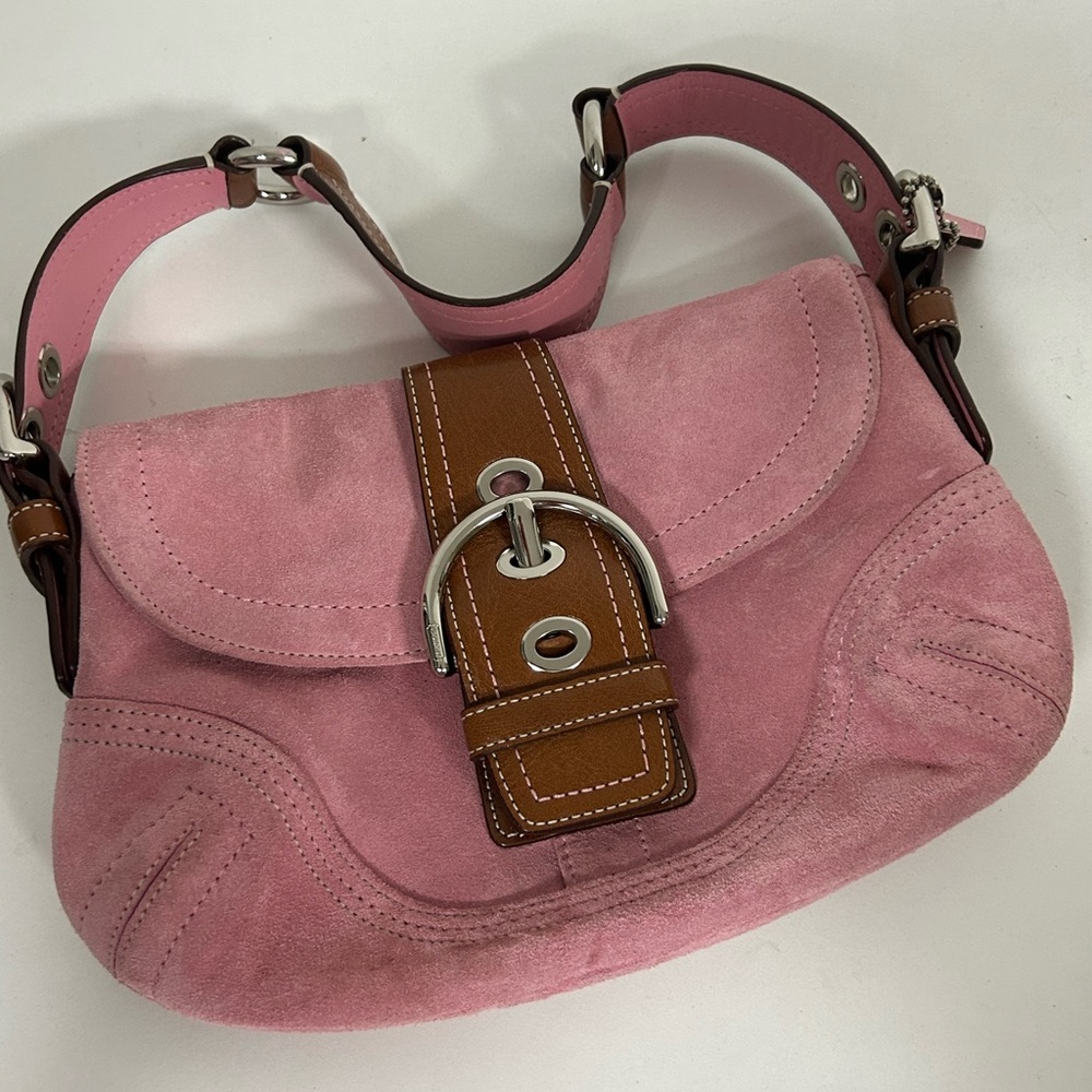 Vintage Coach pink suede hobo purse with brown leather accents